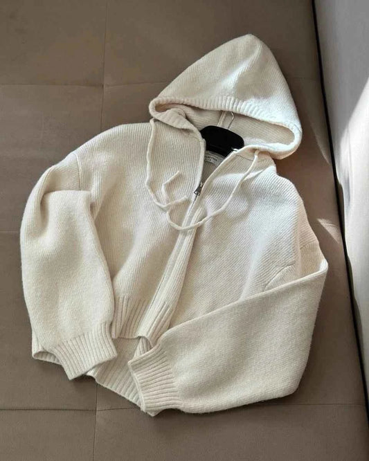 Autumn Knitted Women's Short Cardigan with Zipper Gray Winter Sweater Casual Cute Vintage White Cardigan for Women with Hood