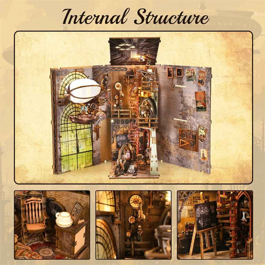 Book Nook Kit Maker's Workshop DIY Wooden Puzzle Balloon Studio Ship Bookshelf Dollhouse Model Bookend Building Home Deco