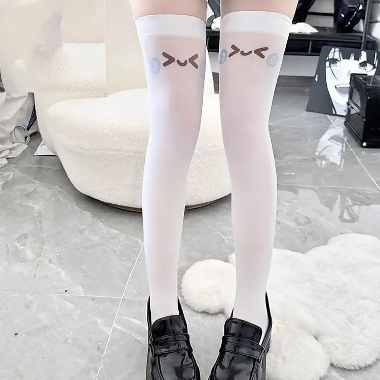 SS69 Japanese Kawaii Expression Thigh High Socks - White Plaid Over Knee