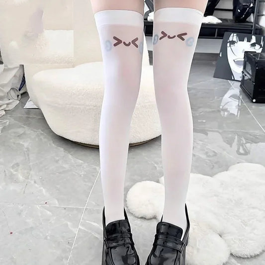 SS69 Japanese Kawaii Expression Thigh High Socks - White Plaid Over Knee
