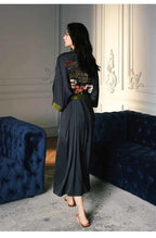 Black Print Flower Long Robe Nightgown Spring Summer Half Sleeve Kimono Bathrobe Gown Women Sexy Rayon Home Dress Loungewear