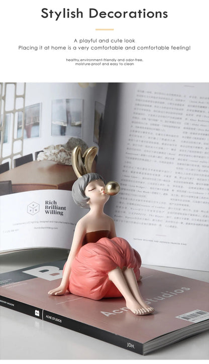 Bubble Gum Rabbit Girl Figurines, Modern Home Decoration,Party Decor, Sweet Gift for Girl,Lovely Room Ornaments,Birthday Present SS69