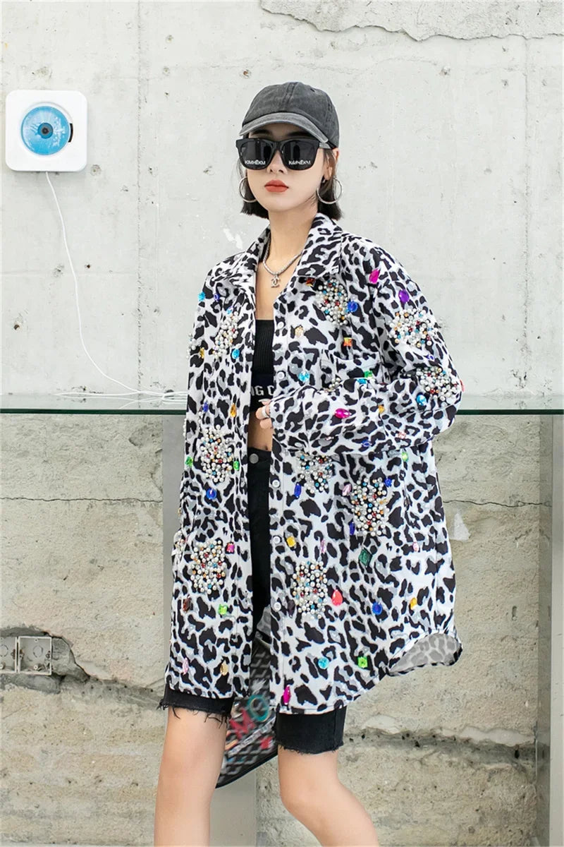 Harajuku Vintage Pearl Beaded Diamonds Leopard Print Women Thin Shirt Jacket Loose Casual Lapel Long Sleeve Female Jacket Coat SS69
