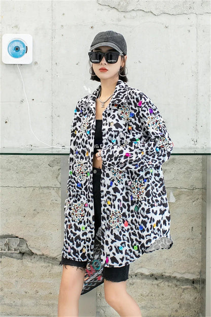 Harajuku Vintage Pearl Beaded Diamonds Leopard Print Women Thin Shirt Jacket Loose Casual Lapel Long Sleeve Female Jacket Coat SS69