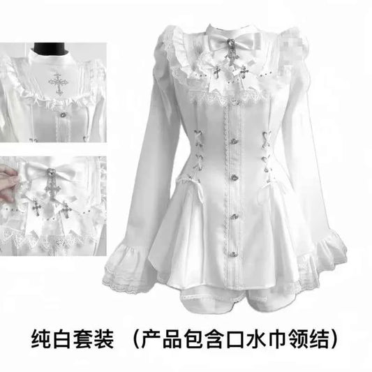 2025 Autumn Gothic Lolita Dress Sweet Heart Black Bow - Elegant Long Sleeve Short Dress with Lace Trim Slim Fit Waist for Women