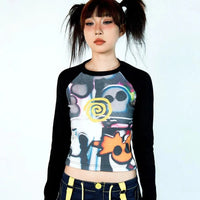 Women Vortex Skull Print Long Sleeve Raglan Stitch Backing T-Shirt Tops Fairy Grunge Graphic Vintage Y2k Slim Long Sleeve Top SS69 9.69 Black / M