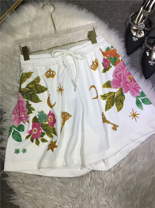 Oversized rhinestone diamond high-waisted black adjustable waist wide leg slacks Women's shorts SS69