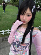 Karrram Japanese Y2k Anime Print Mesh Tops 2000s Aesthetics Pink Sheer Top Vintage Harajuku Kawaii See Through T-shirt Lolita SS69