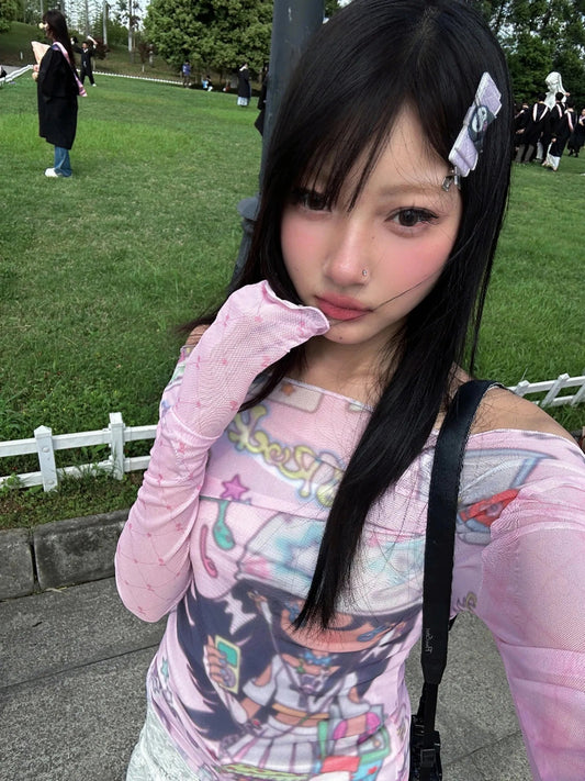 Karrram Japanese Y2k Anime Print Mesh Tops 2000s Aesthetics Pink Sheer Top Vintage Harajuku Kawaii See Through T-shirt Lolita SS69