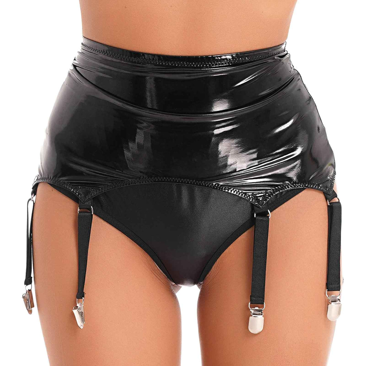 Womens Garters Suspender Belt Skirts Ladies Wet Look Mini Skirts Leather Garters with Metal Clips Clubwear Costume Underwear