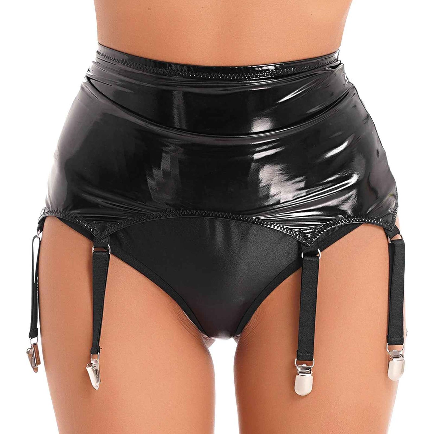 Womens Garters Suspender Belt Skirts Ladies Wet Look Mini Skirts Leather Garters with Metal Clips Clubwear Costume Underwear