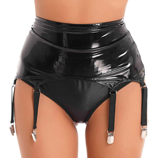 Womens Garters Suspender Belt Skirts Ladies Wet Look Mini Skirts Leather Garters with Metal Clips Clubwear Costume Underwear