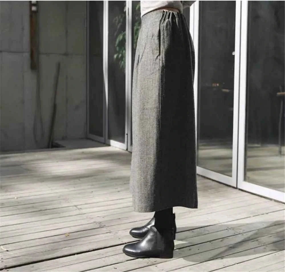 Loose Woolen Wide Leg Skirts Pants Women Pleated Casual Pants Winter Autumn Straight Trousers Elastic High Waist Fat Leg Pants