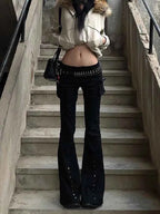 Women Dark Academia Goblin Core Long Trousers Gyaru Goth Low Rise Flare Pants Y2K Streetwear Stretch Japanese Harajuku Grunge