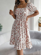 Summer Women's Beach Dress Floral 3D Print Square Neck Short-Sleeved Ladies Waist Ruffled A-Line Dress For Women Holiday Dresses