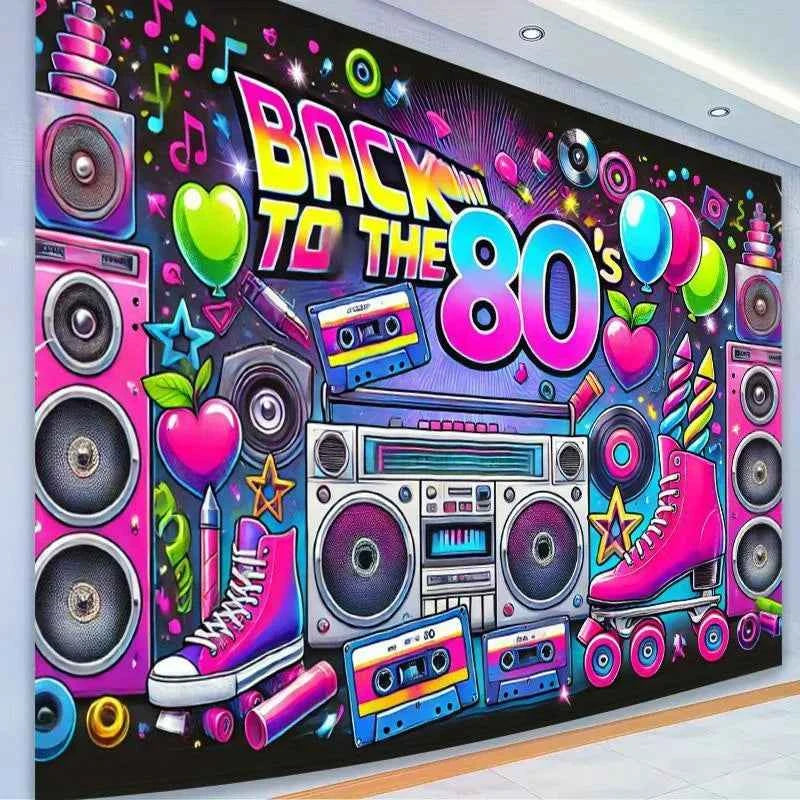 Retro 80s party background - polyester background, neon lights, tapes, amplifiers and the text "Back to the 80s"