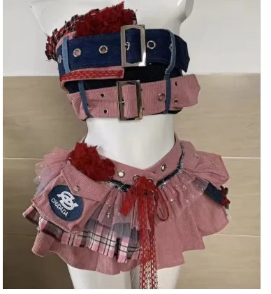 Harajuku Retro Summer New Girl Multi-layer Pleated Skirt Suit Heavy Industry Women's 2 Piuece Sets Lace Splicing Irregular Top SS69 59.69 E / S