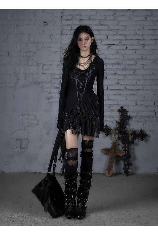 NO ROMANCE Fairy Sexy Punk Printing Half Transparent Lace Patch Knitted Long Sleeve Hooded Dresses Rock Gothic Design Vestidos SS69