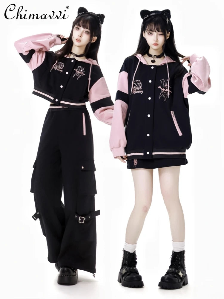 Pink and Black Splicing Color Hooded Baseball Jacket Casual Pant Sets 2025 Spring and Autumn Sweet Cool Girl Students Outfits SS69