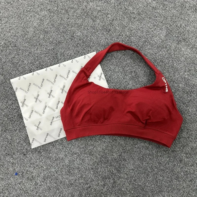 Dfyne Impact Sports Bra Women Seamless Halter Neck Strap Bras with Logo Padded Open Back Yoga Bra Medium Support Gym Crop Top SS69