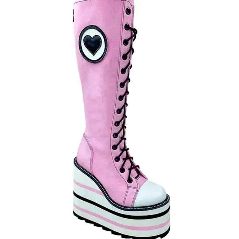 Canvas Check Platform Knee-high Boots Women Metal Chain Round Toe Wedges Cross Tied Lolita Heighten Shoes 2025 Lovely Sexy Boots