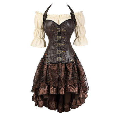 Brown Pirate Dress Plus Size Faxu Leather Steampunk Corset Dress with Shoulder Off Blouse Cosplay Pirate Costume for Women SS69