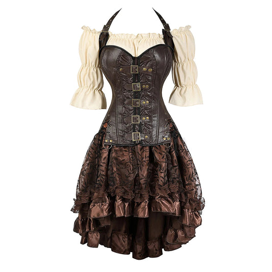Brown Pirate Dress Plus Size Faxu Leather Steampunk Corset Dress with Shoulder Off Blouse Cosplay Pirate Costume for Women SS69