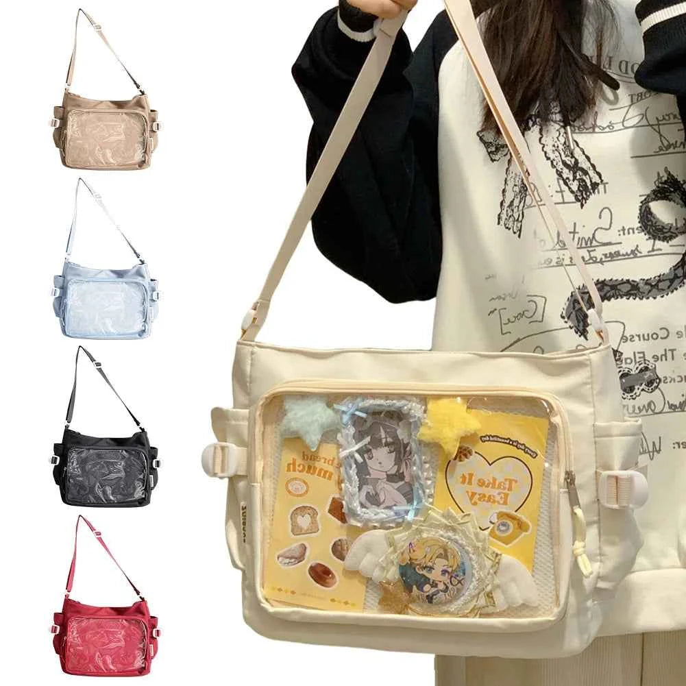 Women Ita Bag Japanese Style Shoulder Purse with Clear Window Cartoon Book Bag Multi-pockets Adjustable Strap Trendy Outdoor Bag