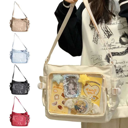 Women Ita Bag Japanese Style Shoulder Purse with Clear Window Cartoon Book Bag Multi-pockets Adjustable Strap Trendy Outdoor Bag