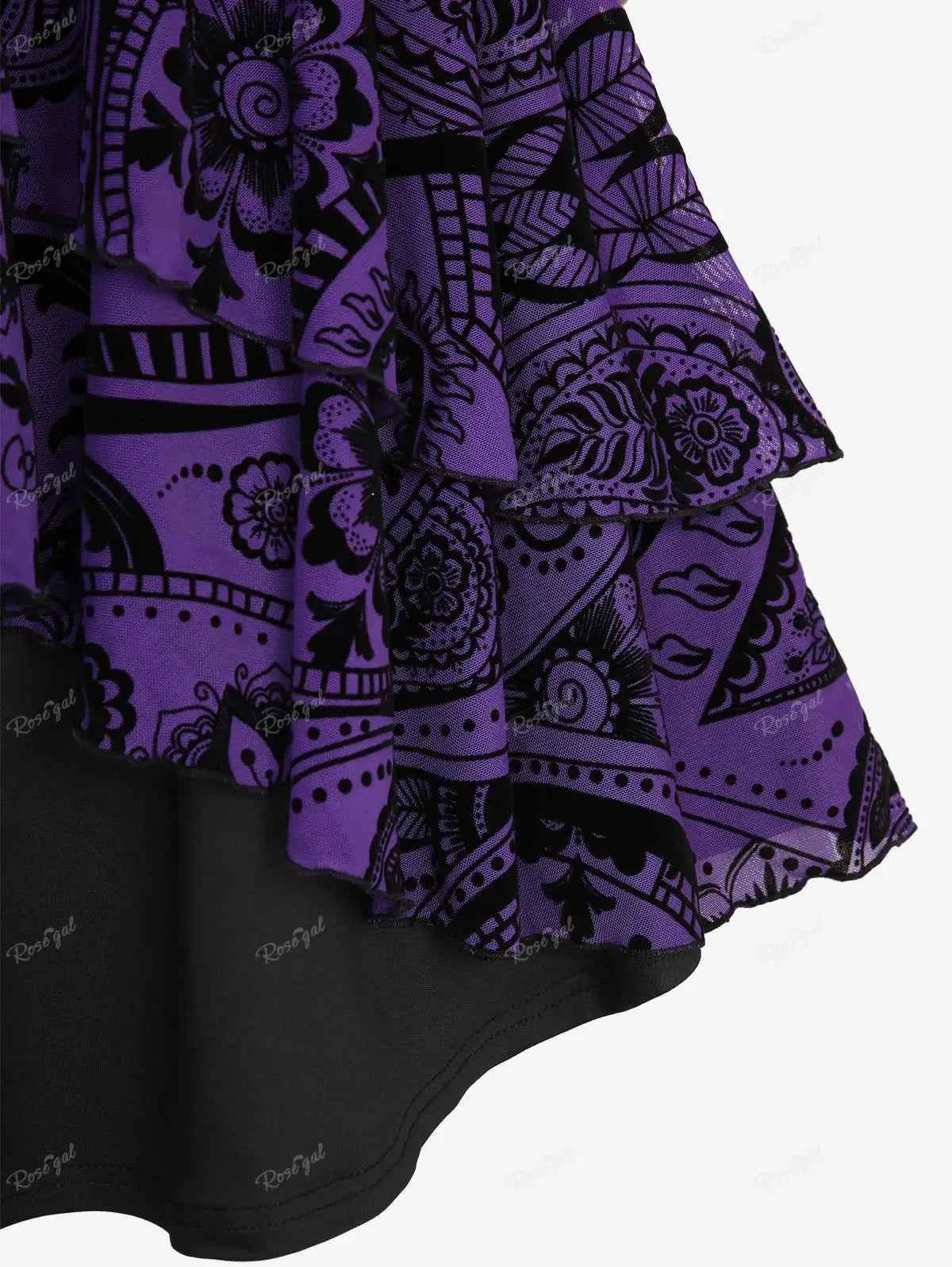 ROSEGAL Plus Size Cold Shoulder Dress 2026 Women's Spring Summer Purple Dresses Lace Up Ruched Cross Floral Flocking Vestidos
