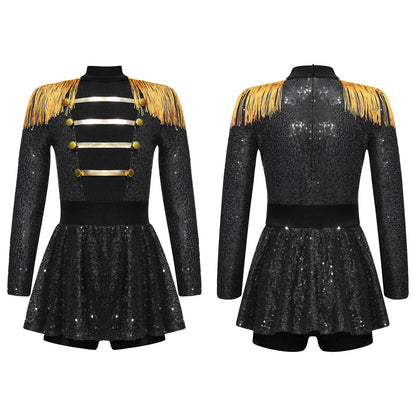 inlzdz Women's Circus Ringmaster Costume Sequin Tassel Leotard Dress