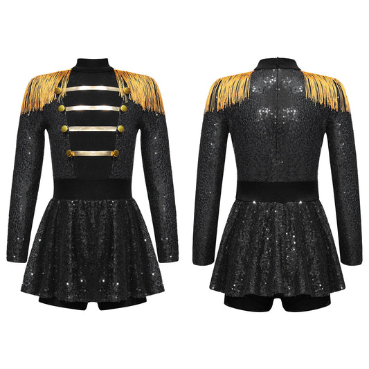 inlzdz Women's Circus Ringmaster Costume Sequin Tassel Leotard Dress