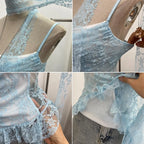 Women's Vintage Tie-dye Printed Mesh Spaghetti Strap Camisole Hot Girl Irregular Ruffled Ribbon Sleeveless Top Partyclub 1185