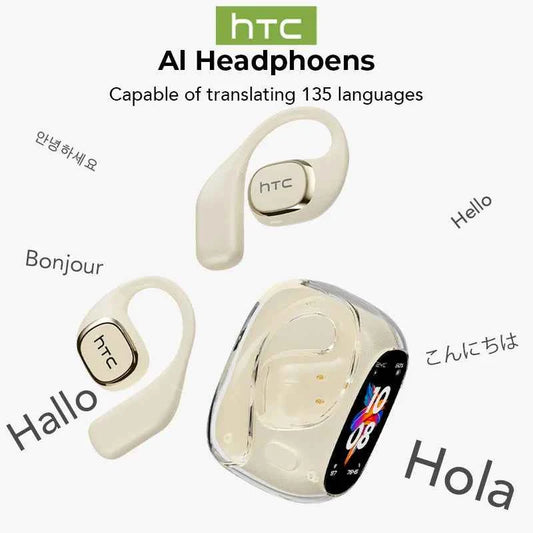 HTC NE11 Earphones Bluetooth V6.0 AI Translator Earbuds Open-Ear Wireless Headphones LCD Screen BASS Stereo 8 Hours Long-life