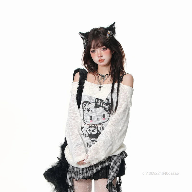 Sanrio Hello Kitty Y2k Spicy Girl Cute Graffiti T-shirt Slash Neck Micro Transparent Strap Top Women New Trend Long Sleeve Tees SS69