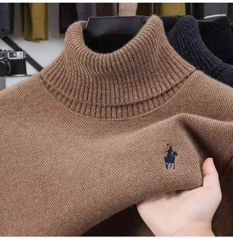 High end brand velvet sweater men's new fashion designer exquisite pony embroidery winter thick warm high neck knitted pullover