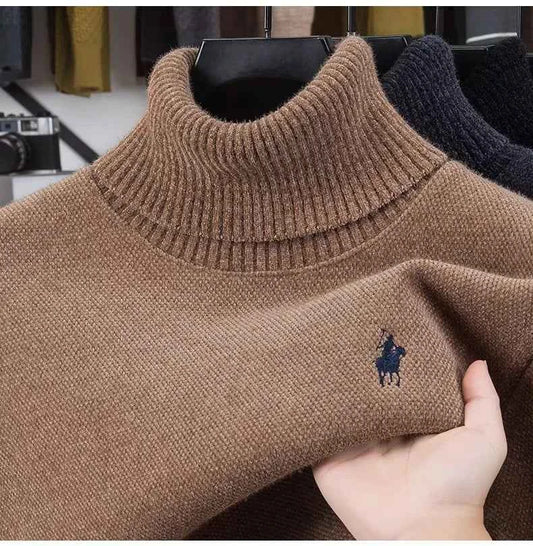 High end brand velvet sweater men's new fashion designer exquisite pony embroidery winter thick warm high neck knitted pullover