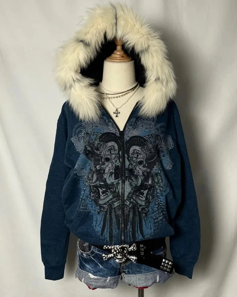 Women Y2K Gothic Zip Up Hoodie Red Faux Fur Collar Embroidery Rhinestone Hooded Jacket Grunge Streetwear Casual Sweatshirt