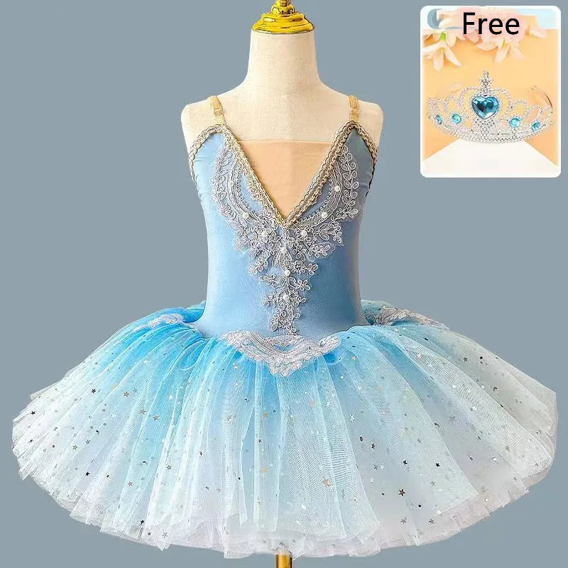 Girls Ballet Tutu Dress with Crown - Blue & Pink Nylon