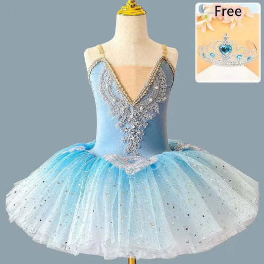 SS69 Girls Ballet Tutu Dress with Crown, Blue and Pink Nylon Dance Costume
