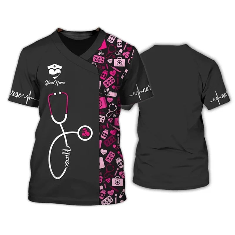 Heart Nurse 3D T Shirt Custom Nurse Uniform Nursing Tools Print Short Sleeve Black Pink Medical Scrubs Clothing Nurse Tshirt SS69