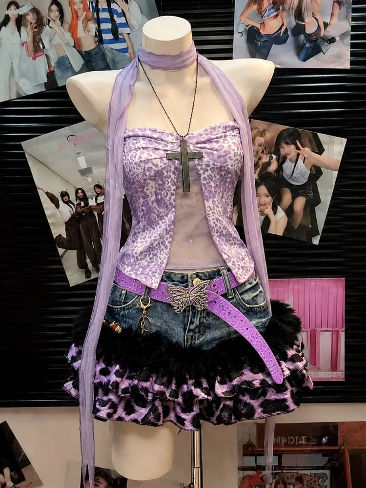 Y2K American Vintage Leopard Print Matching Sets Women Gothic Punk Satin Cami Fluffy Trim Mini Skirt Subculture Daily Outfits