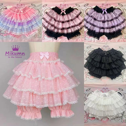 Mikumn Harajuku Sweet Lace Shorts Skirts Y2k Japanese Lolita Kawaii JK Ruffles Bloomers Women Elastic Waist Safety Short Pants SS69