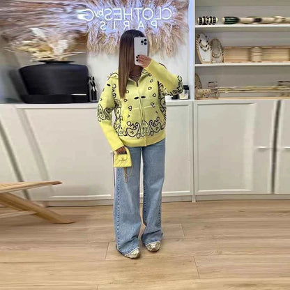 Warm Printed High Collar Knit Cardigans Women Contrast Jacquard Zipper Full Sleeve Pocket Sweater 2026 Spring Lady Chic Knitwear