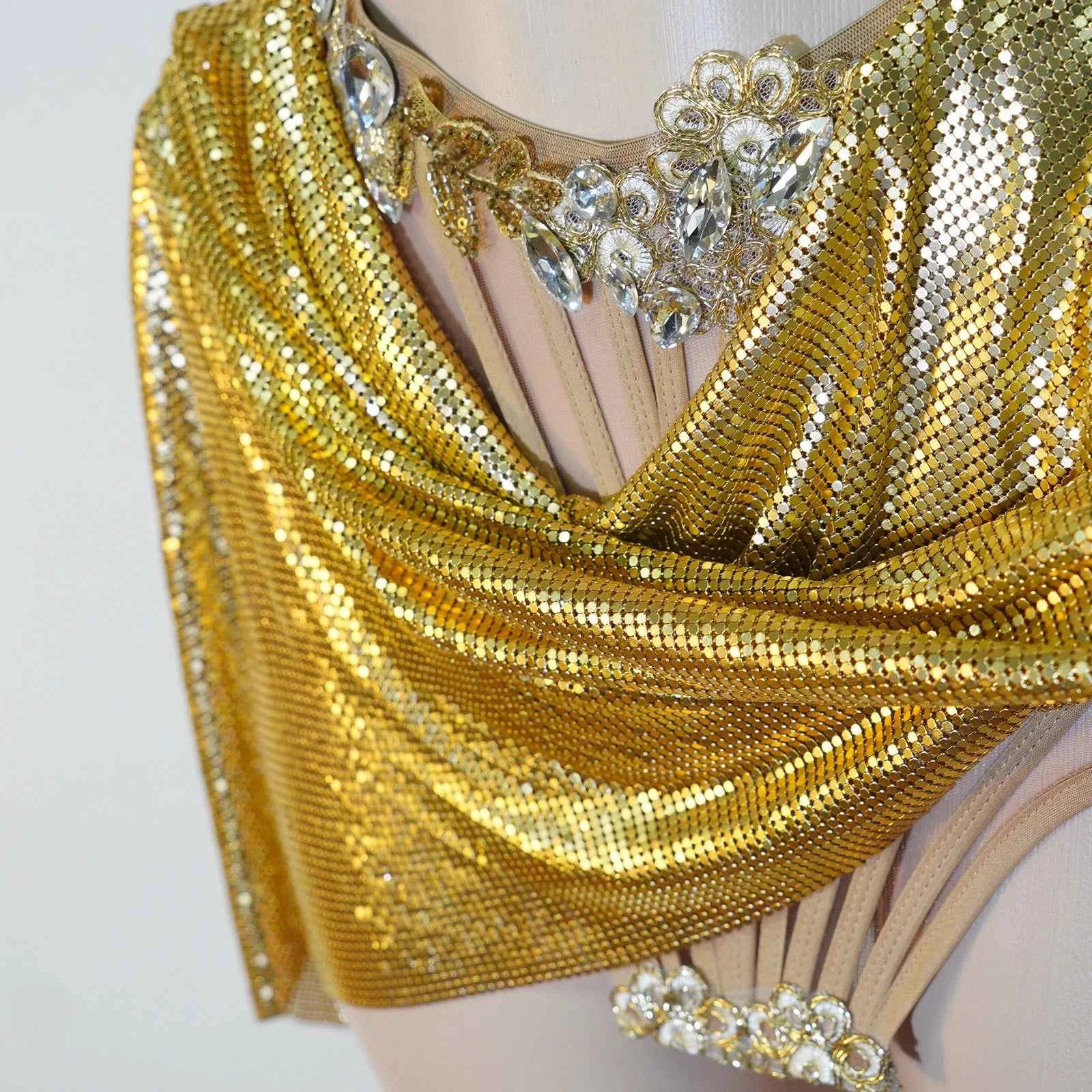 Draped sequins Skirt 2 Piece Women Gold Rhinestone Corset Outfit Sparkly Crystal Stage Costume Club Party Bar Performance Dance
