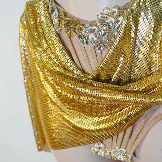 Draped sequins Skirt 2 Piece Women Gold Rhinestone Corset Outfit Sparkly Crystal Stage Costume Club Party Bar Performance Dance