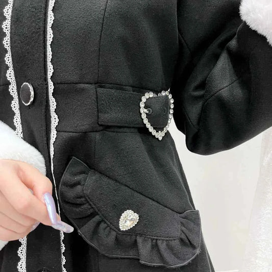 Japanese Sweet Winter Woolen Coat Lolita Style Cute Big Bow Fungus Edge Long Sleeve Slim Kawaii Girls Women Elegant Overcoat