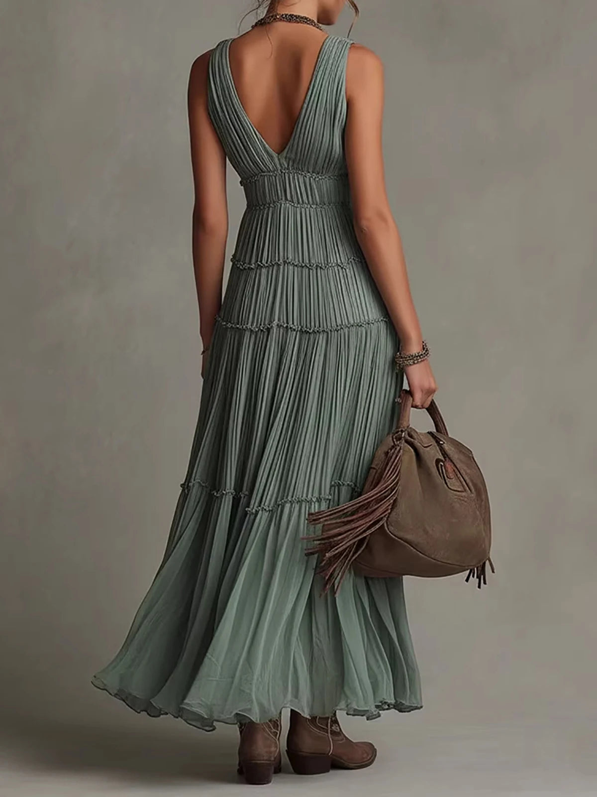Women Boho Sleeveless V Neck Tiered Pleated Maxi Dress Ruffled Chiffon Flowy Split Hem Vintage Country Casual Western Long Dress