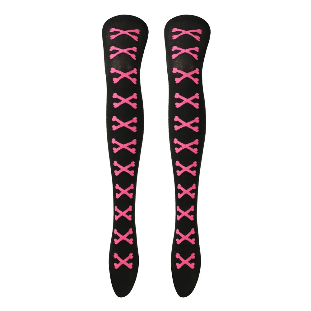 SS69 Women's Bone Print Thigh High Socks - Cotton Blend Cosplay Stockings