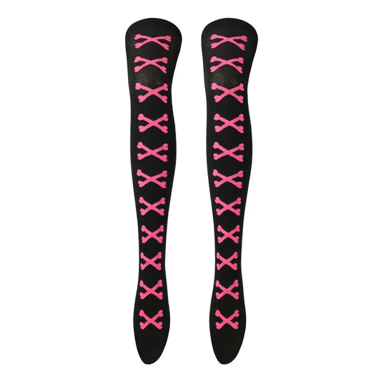SS69 Women's Bone Print Thigh High Socks - Cotton Blend Cosplay Stockings